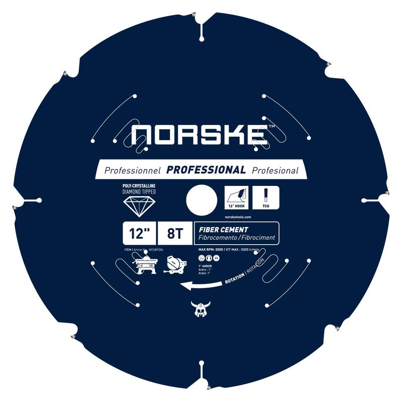 Norske Tools NCSBP284 12" 8 Tooth Polycrystalline Diamond (PCD) Hardie Fiber Cement Saw Blade - Image 1